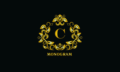 Stylish design for invitations, menus, labels. Elegant gold monogram on a black background with the letter C. The logo is identical for a restaurant, hotel, heraldry, jewelry.