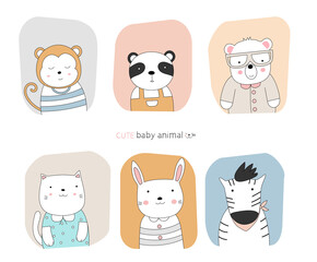 Cartoon sketch the cute posture baby animal with frame color background.  Hand-drawn style.