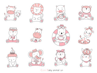 Set cartoon character the lovely baby animals on white background. Hand-drawn style.