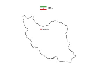 Hand draw thin black line vector of Iran Map with capital city Teheran on white background.