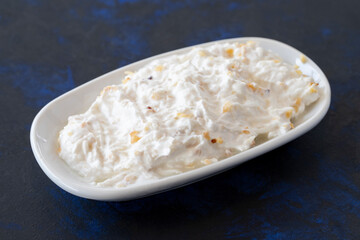 Healthy vegetarian dish, traditional Middle Eastern flavored celery salad with yogurt and apples. Mezze served alongside the main course. Appetizer