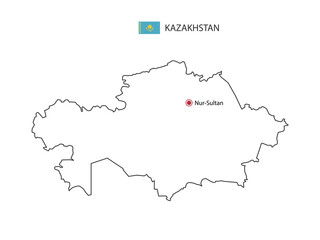 Hand draw thin black line vector of Kazakhstan Map with capital city Nur-Sultan on white background.
