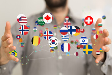 Global communication and international messaging concept, national flags of world