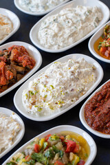 Traditional Turkish and Greek food appetizer table. Grilled eggplant salad (saksuka), Anamur salad, Baba Ghanoush (Mutabbal), pasha appetizer, spicy paste or harissa, purslane salad. Selective focus