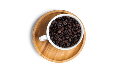 White cup on wooden plate with coffee beans isolated on a white background.