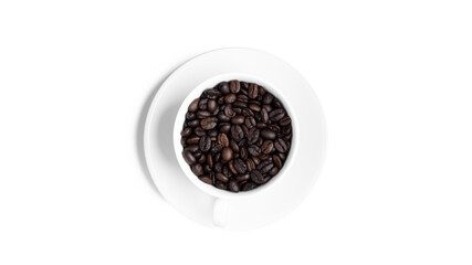 White cup with coffee beans isolated on a white background.