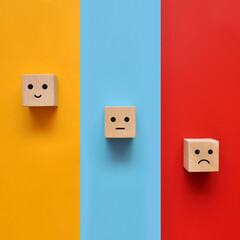 Wooden cubes with drawings of various human emotions: Sadness,  calmness, joy on multi-colored backgrounds 