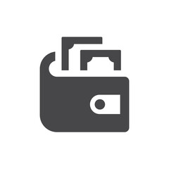Wallet with money black vector icon. Purse with banknotes symbol.