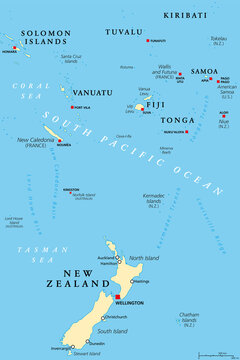 New Zealand and southern Polynesia, political map with capitals. Solomon Islands, Vanuatu, Fiji, Tonga, Samoa and New Caledonia. South Pacific Ocean islands. English labeling. Illustration. Vector.