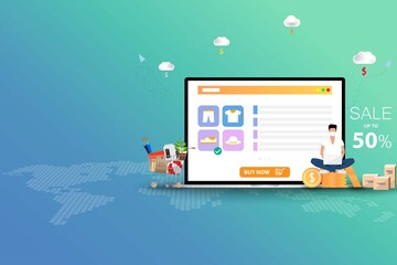 Concept of online shopping, young man wear a face mask and sit on top of coin stack near a big screen of laptop that contain list of products, description and discount rate to order a new shoe.