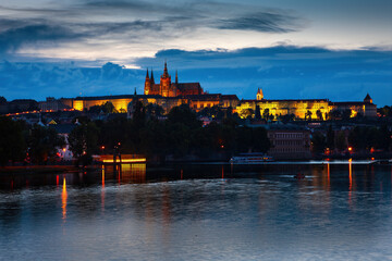 Panorama of the historical center of the night city of Prague