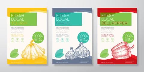 Fototapeta premium Fresh Local Vegetables Label Templates Set. Vector Packaging Design Layouts Collection. Typography Banner with Hand Drawn Squash, Bell Pepper and Garlic Sketch Silhouette Background Isolated