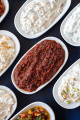 Traditional Turkish and Greek food appetizer table. Grilled eggplant salad (saksuka), Anamur salad, Baba Ghanoush (Mutabbal), pasha appetizer, spicy paste or harissa, purslane salad. Top view