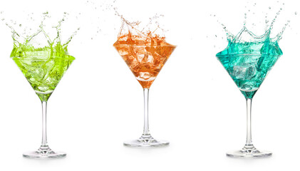 Three spashing drinks in martini glass isolated on white background. Cocktail list for bar, lounge, restaurant menu