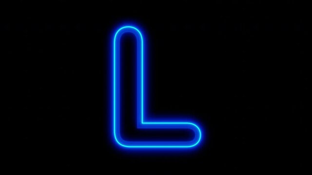 Animated blue neon letter L on a black background. Looped animation. 3D rendering. 4K video
