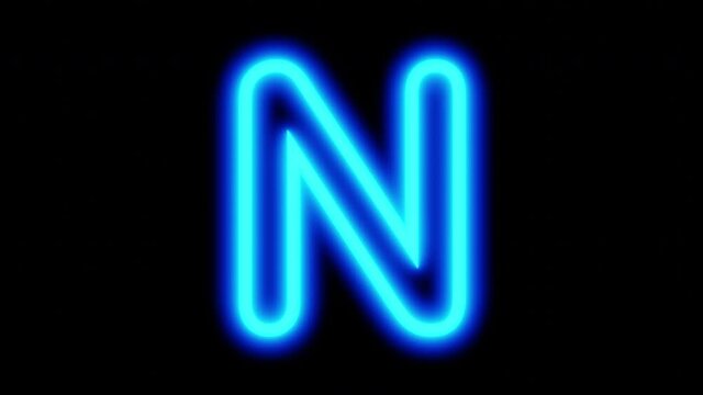 Animated blue neon letter N on a black background. Looped animation. 3D rendering. 4K video
