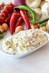 Marko Pasha appetizer prepared with chicken, roasted eggplant, garlic, walnuts and mayonnaise. Traditional Turkish cuisine flavors. Appetizer served with the main course