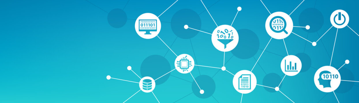 Data analysis and monitoring background or banner. Concept with icons related to digital transformation, financial statistics / audit, big data, performance measuring, smart data driven management.