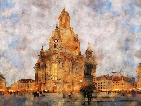 Watercolor painting of Dresden Frauenkirche (Germany)