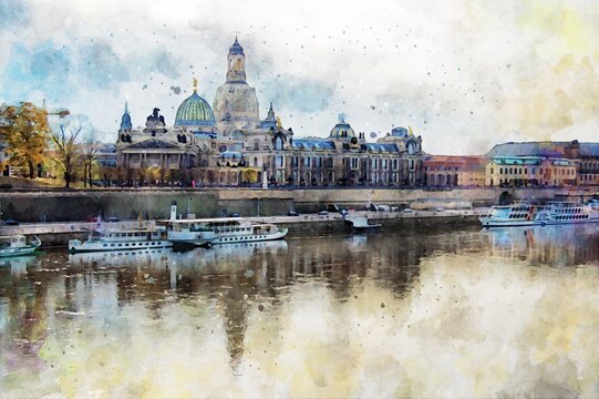 Watercolor painting of Dresden with Elbe river panoramic view (Germany)