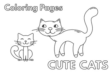 Cartoon illustration of mommy cat with cute little kitten. Vector coloring book pages for children