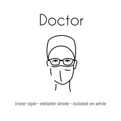 Doctor wearing medical protective face mask and glasses. Woman linear style character. Vector outline icon