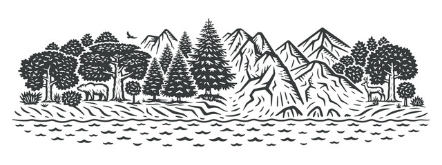 Vector illustration of a landscape. Forest and mountains. Monochrome version.