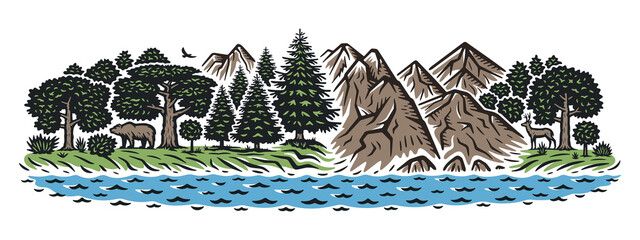 Vector illustration of a landscape. Forest and mountains. Color version.