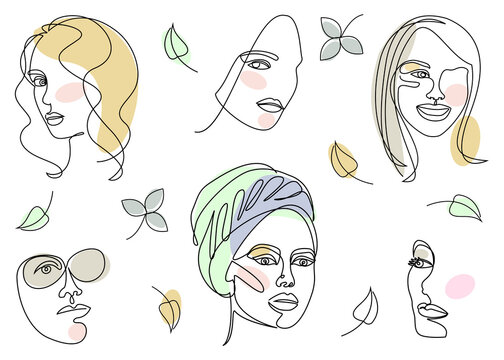 Silhouettes of the girl's head. Lady in a turban, scarf. Woman face in modern one line style. Solid line, aesthetic outline for decor, posters, stickers, logo. Vector illustration set.