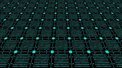 Fototapeta premium Abstract graphics technology background in turquoise - blocks of binary code arranged as a square grid on black background - 3D Illustration