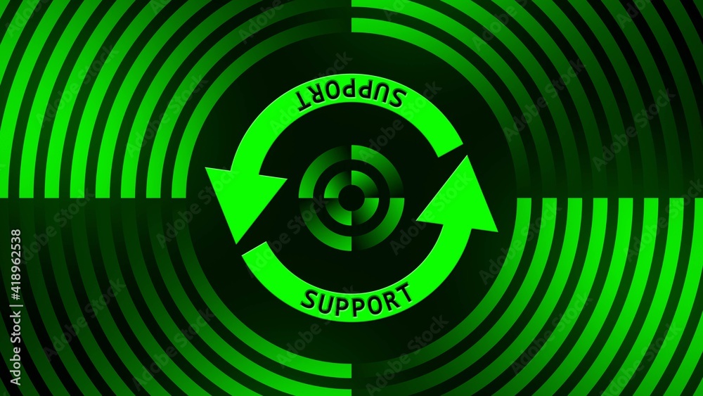 Poster SUPPORT lettering on update sign in center of circular lines - graphic elements in green on black background - Software Update Computer Program - 3D Illustration