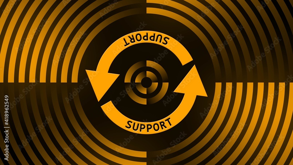 Poster SUPPORT lettering on update sign in center of circular lines - graphic elements in orange on black background - Software Update Computer Program - 3D Illustration