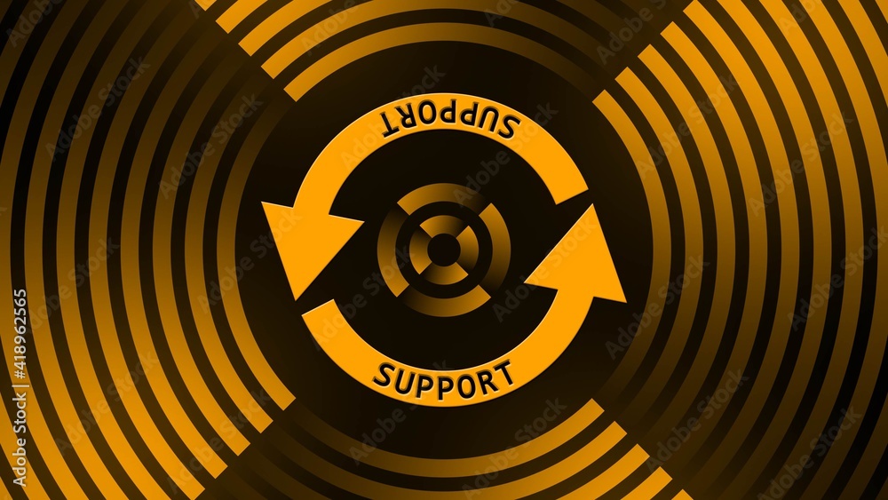 Poster SUPPORT lettering on update sign in center of circular lines - graphic elements in orange on black background - Software Update Computer Program - 3D Illustration