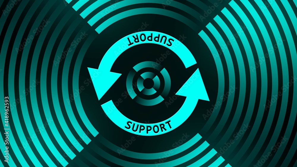Poster support lettering on update sign in center of circular lines - graphic elements in turquoise on blac