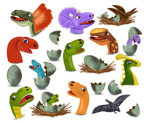 Collection Dinosaur heads and eggs dinosaur. Dinosaurs Tyrannosaurus, Brachiosaurus, Pterodactyl, Triceratops, Stegosaurus cartoon character. Dinosaurs hatching from an egg. Vector icon