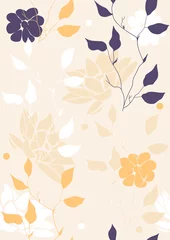 Schilderijen op glas Abstract seamless pattern in A4 size. Aesthetic minimalist background for cover design, interiors, web, social networks. Fashionable bright illustration with shapes, doodles, flowers, plants, leaves. © Nataly
