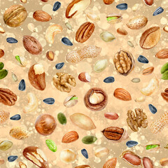 Watercolor seamless pattern nuts on a color splash texture background.