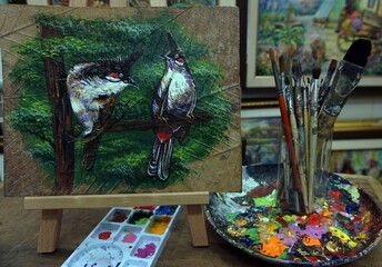 Fototapeta premium Art painting Fine art Oil color Spigot bird from Thailand , art supply , Palette , paintbrush , Red-whiskered bulbul
