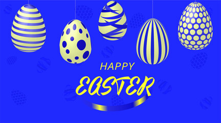 Yellow greetings on Easter, colorful eggs on a blue background