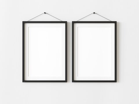 Two vertical blank picture frame for photographs. Isolated black picture frame mockup template on white background. 3D illustration