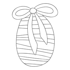 Easter egg coloring page for kids and adults stock vector illustration. Simple striped egg with bow and ribbon black outline white isolated. Happy Easter christian spring holiday printable worksheet