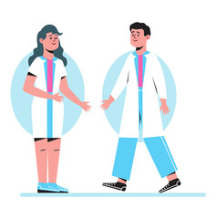 Doctors concept vector. Medical conference illustration. Meeting of two therapists. Front liners are working.