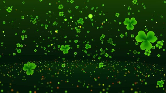 Rotating Camera Motion View Green Flying Three Four Leaf Clovers St Patrick's Day And Glitter Sparkle Dust Above Shiny Glitter Sparkles Floor 3D Rendering, Seamless Loop Animation