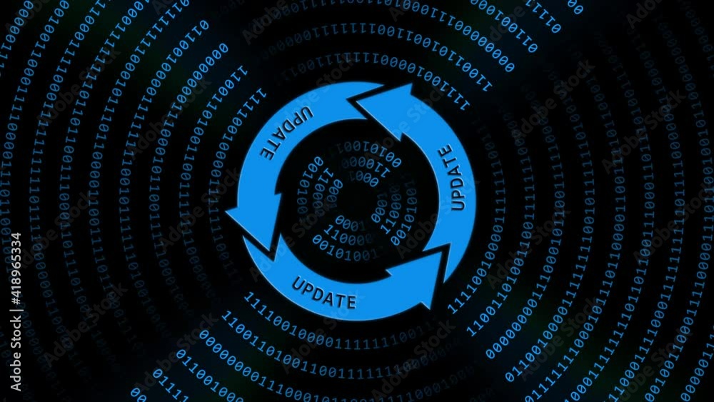 Poster abstract movement in 4k of update lettering on update sign in center of binary code circles - graphi