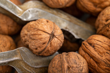 Close-up walnuts pile. Walnut cracker