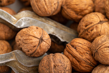 Close-up walnuts pile. Walnut cracker