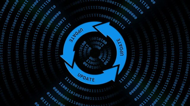Abstract movement in 4K of UPDATE lettering on update sign in center of binary code circles - graphic elements in blue on black background - Software Update Computer Program - endless loop