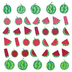 Big watermelon set white isolated stock vector illustration. Cartoon watermelon fruits whole and sliced. Tasty colorful fruit summer time set. Fruit in different geometry shapes slices hand drawn
