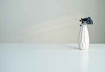 White vase with a sprig of dried berries on a white background, close-up. Interior mock up.