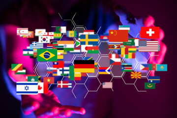 Connection lines Around map with all country flags, Futuristic Technology